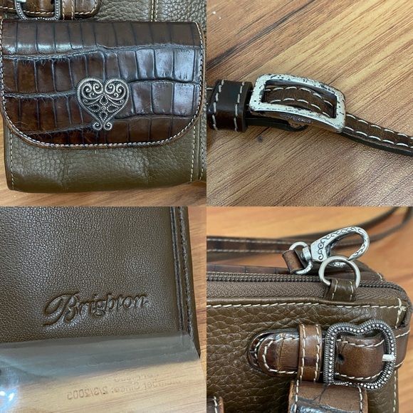 Vintage BRIGHTON Brown Olive Croc Embossed Leather Multifunction Crossbody Bag - Picture 15 of 16